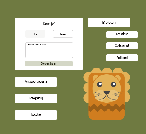 Infographic met aanpasbare digitale uitnodigingsblokken zoals RSVP-tracking, kaarten, cadeaulijsten en fotogalerijen